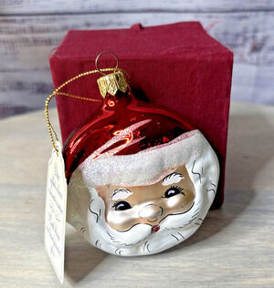 Glass Santa Face Ornament Red Glitter Hat Box Tag